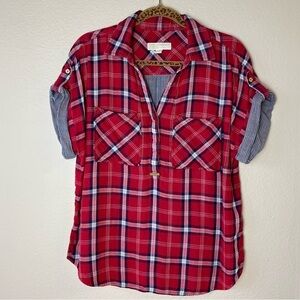 Michael Kors Top Womens,  Red Plaid Short Sleeve Popover Gold Button Size L